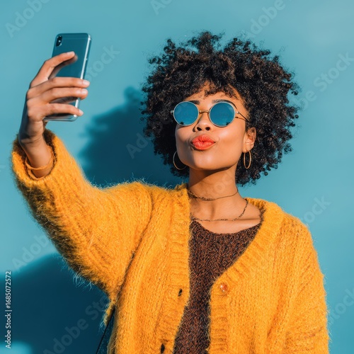 Young Black woman taking selfie, yellow sweater