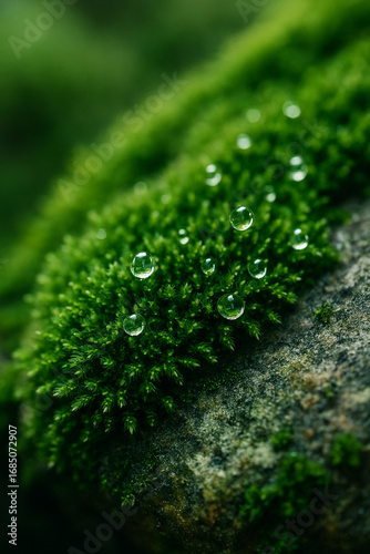Macro Photography: Dewdrops on Lush Green Moss, Serene Nature Scene