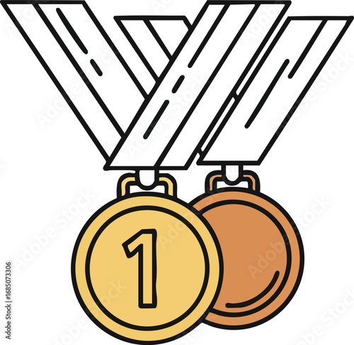 A clean vector line art illustration of two achievement medals: a gold medal with '1' for first place and a bronze medal, both hanging by their ribbons