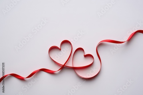 Elegant red ribbon forms intertwined hearts, symbolizing love and connection on a clean white background.