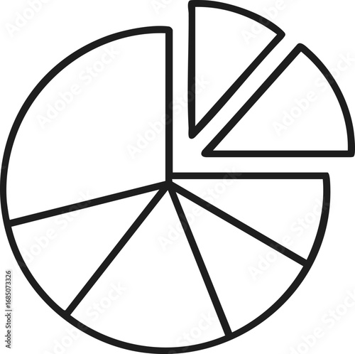A clear black outline icon depicting a pie chart with several segments, some of which are separated to highlight specific data points