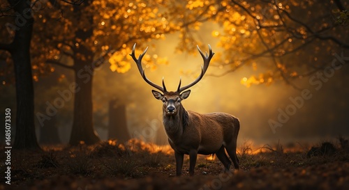 Majestic deer with large antlers standing in golden autumn forest. Wild stag in natural woodland habitat during fall season. Wildlife and nature conservation concept for banner