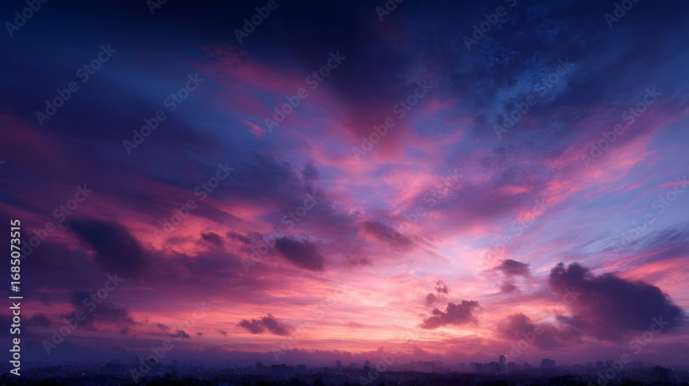 Fototapeta premium A breathtaking twilight sky painted with vibrant hues of pink purple and blue stretches dramatically above a distant silhouetted city skyline