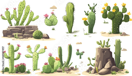 Collection of diverse desert cacti and succulents with blooming flowers in a natural setting