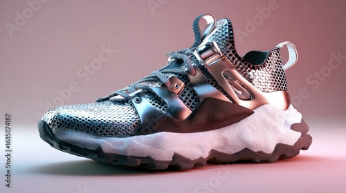 Futuristic metallic sneaker with intricate design and textured sole