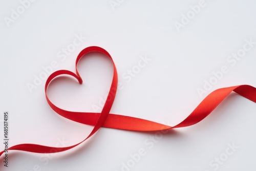 Stunning red ribbon forms a classic heart shape on a clean white background, perfect for love and care themes.