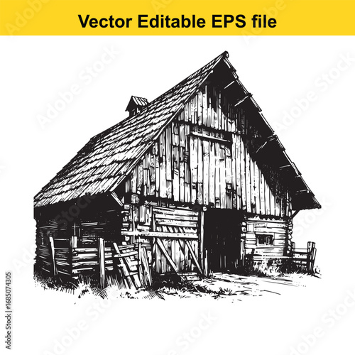 Rustic wooden barn with weathered planks and a steep roof, isolated on white background