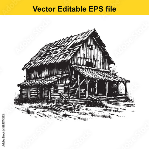 Dilapidated old wooden barn in disrepair, rural setting, vector illustration