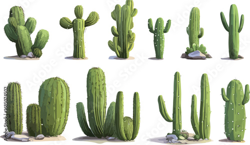Collection of diverse desert cacti plants with various shapes and sizes on a white background