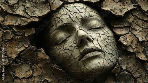 Woman's face, cracked clay, tree bark background, artistic, surreal, possible use in art, design, or meditation imagery © adiba