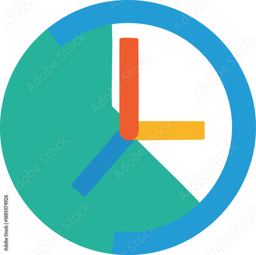 A vibrant, flat design clock icon, framed in blue, showcases time management and progress. A large green segment indicates a duration, with red and orange hands marking specific intervals