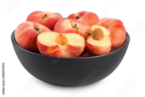 chinese flat donut peaches in ceramic bowl isolated on white background