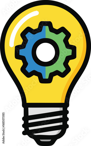 A vibrant flat design vector illustration of a yellow light bulb with a gear mechanism inside, symbolizing new ideas and innovation