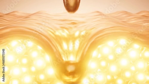 Golden Cosmetic Serum with Molecules Close-Up Skincare concept image of golden serum texture with molecule drops, great for beauty and cosmetic ads