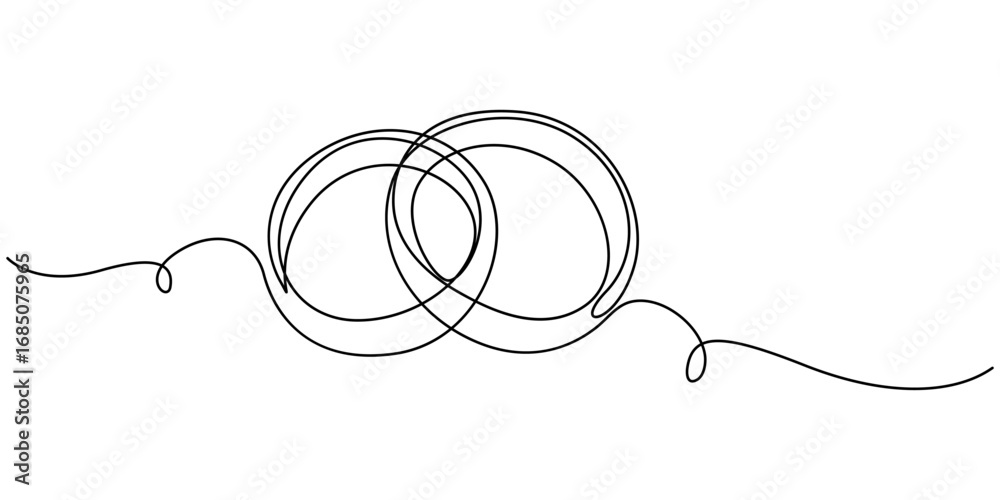 Obraz premium Wedding rings continuous one line drawing. Hand drawn proposal engagement and love marriage concept, Black isolated on white background. minimalism design, Hand drawn vector illustration, Wedding ring