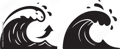 Black Silhouette Vector Graphics of Two Crashing Ocean Waves with Spray and an Upward Arrow Icon water