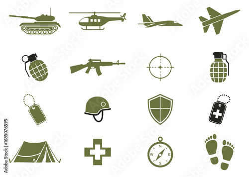 Collection of military equipment and symbols including a tank helicopter fighter jet grenade rifle compass shield helmet and tent silhouette isolated on white background