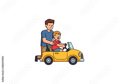 icon of dad teaching child how to drive a toy car