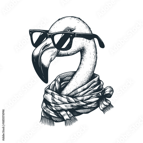 Flamingo with glasses and scarf – Black and White Icon Vector and Illustration