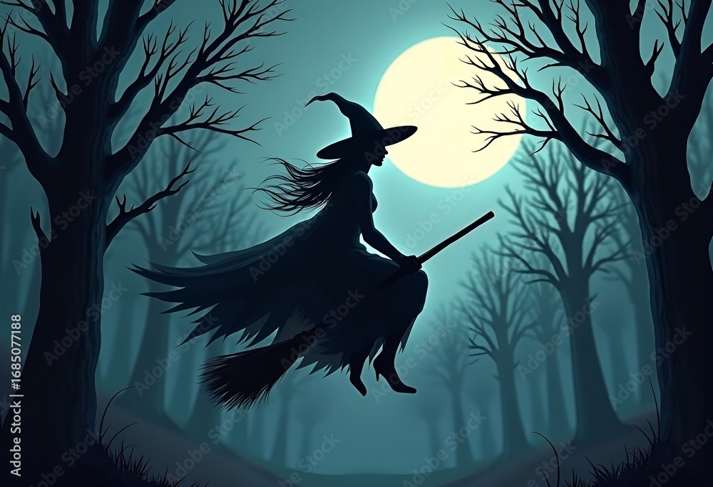Fototapeta premium Illustration of Halloween witch flying on a broom in the evil forest with fog opposite the full moon. Halloween card