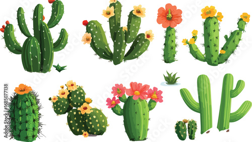 Collection of various desert cacti with vibrant flowers in bloom against a clean white background