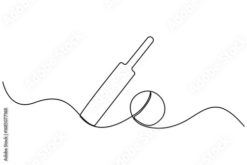 Continuous one line drawing of cricket bat ball and wicket stumps professional sports outline vector illustration

