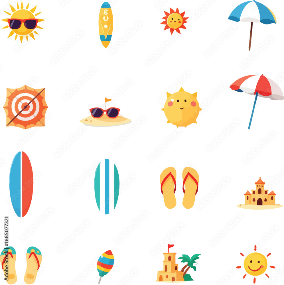 Obraz premium Colorful Summer Icon Set – Suns, Surfboards, Umbrellas, Flip-Flops, Sandcastles & Beach Elements for Seasonal Design Use