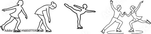 Minimal black and white line art of a figure skater in elegant poses. Perfect for sports illustrations, fashion design, dance graphics, and minimalist artwork
