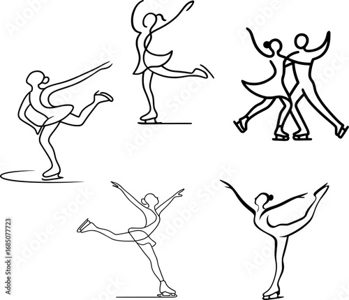 Minimal black and white line art of a figure skater in elegant poses. Perfect for sports illustrations, fashion design, dance graphics, and minimalist artwork