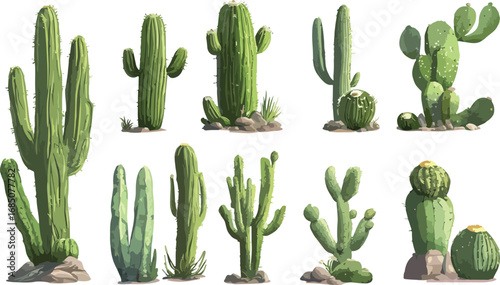 Collection of diverse desert cacti species isolated on white background in a studio setting