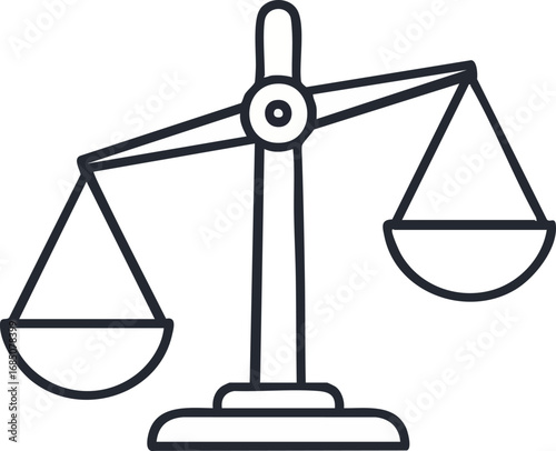 Simple line art illustration of an imbalanced balance scale, isolated on white. One pan is lower, symbolizing inequality, injustice, and disproportion