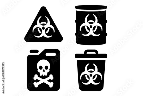 Biohazard symbols warning about dangerous materials and waste disposal in industrial settings