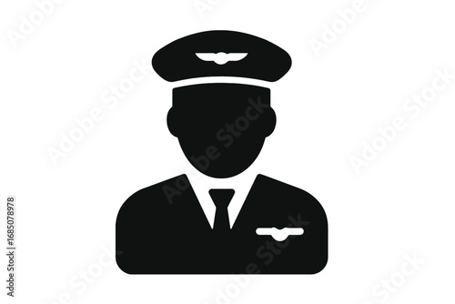 Pilot silhouette wearing a uniform and hat with wings symbol, representing aviation and air travel careers