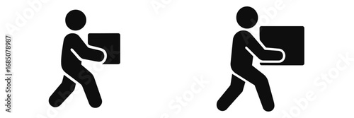Two stick figures carrying boxes in different directions hint at teamwork and logistics in an urban environment