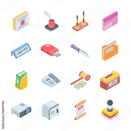 Download our latest collection showing law and justice isometric icons