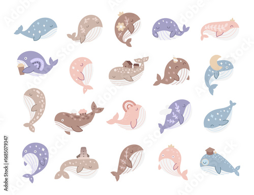 Whale character set in scandinavian style showing marine animals