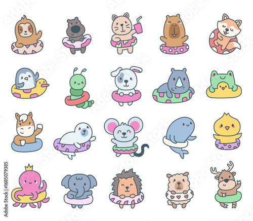 Cute animal kawaii character set with swimming rings enjoying summer activities