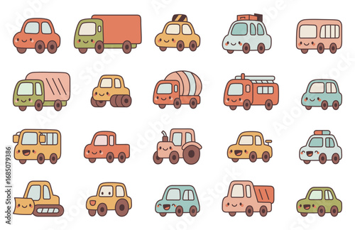 Transport vehicles set showing smiling cute automobile kawaii characters