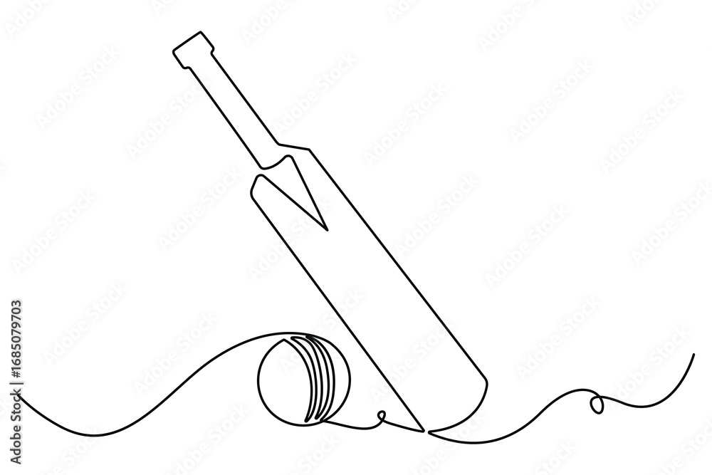Obraz premium Continuous one line drawing of cricket bat ball and wicket stumps professional sports outline vector illustration 