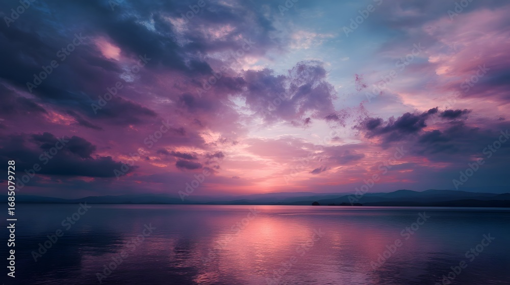Naklejka premium Vibrant purple and pink sunset sky casts stunning reflections on a calm lake creating a peaceful and colorful natural landscape at twilight