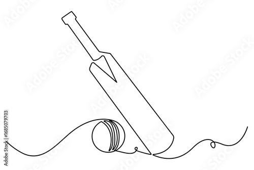 Continuous one line drawing of cricket bat ball and wicket stumps professional sports outline vector illustration
