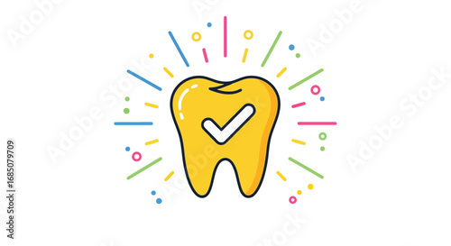 Vector illustration of a healthy golden tooth with a checkmark and colorful celebratory rays