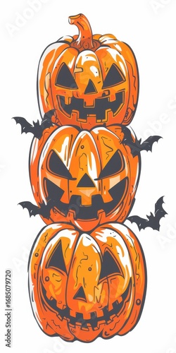 A stack of three jack-o-lanterns with bats flying against a white background for Halloween celebration.