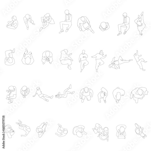Large vector set of 32 people in line art style, drawn from a top view. Includes a variety of poses: sitting, working with laptop, reading, relaxing, stretching, walking, and casual movements.