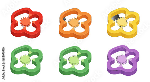 Flower cookie cutters vector icon set with six colorful designs