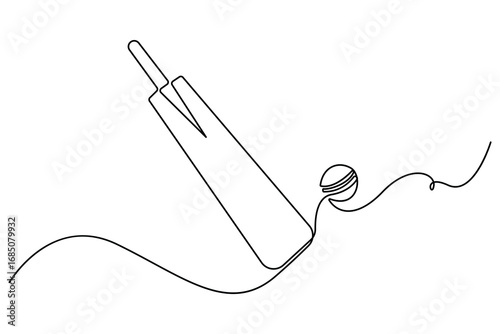 Continuous one line drawing of cricket bat ball and wicket stumps professional sports outline vector illustration
