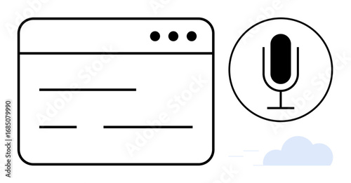 Minimalist interface with a browser window featuring lines as text and a microphone icon. Ideal for technology, communication, sound recording, podcasting, voice control, AI, simple landing page