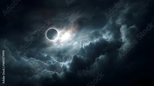 A mesmerizing solar eclipse illuminates the dramatic dark sky revealing a radiant corona through swirling ominous clouds