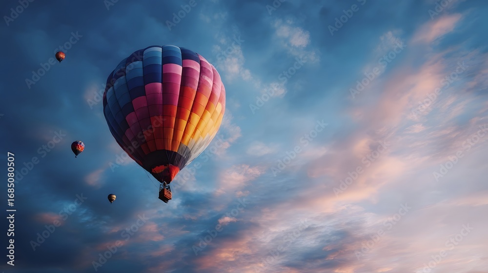 Obraz premium Vibrant hot air balloons ascend gracefully against a beautiful cloud streaked sky at dawn or dusk creating a breathtaking colorful display