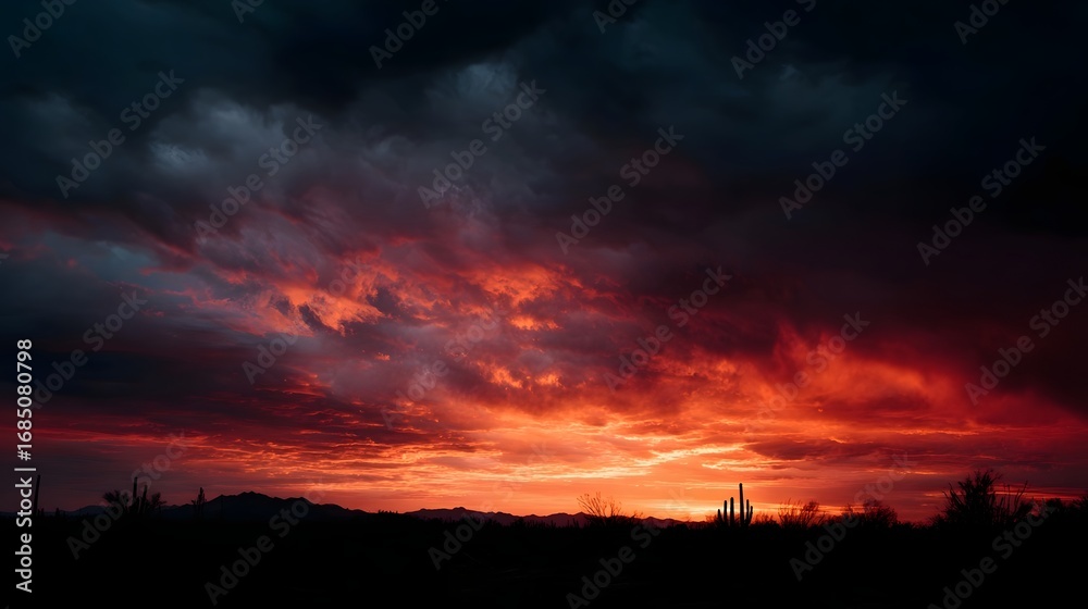 Fototapeta premium Fiery red orange clouds illuminate the dramatic desert sky at dusk casting silhouettes of saguaro cacti and distant mountains against a vibrant